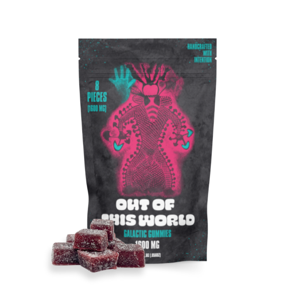 Colorful, space-themed Magic Mushroom Gummies arranged against a cosmic background, highlighting their 'out of this world' appeal.