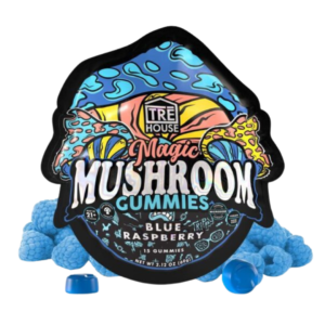 Blue mushroom gummies in a clear jar, with a vibrant blue color and a soft, chewy texture. The gummies are shaped like small mushrooms, featuring a smooth cap and a slender stem. The jar is surrounded by a few gummies scattered on a light surface, highlighting the bright, eye-catching hue of the gummies