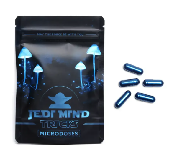 Jedi Mind Tricks Microdose Capsules (100mg each) in a sleek bottle, perfect for enhancing focus, creativity, and emotional clarity with psilocybin.