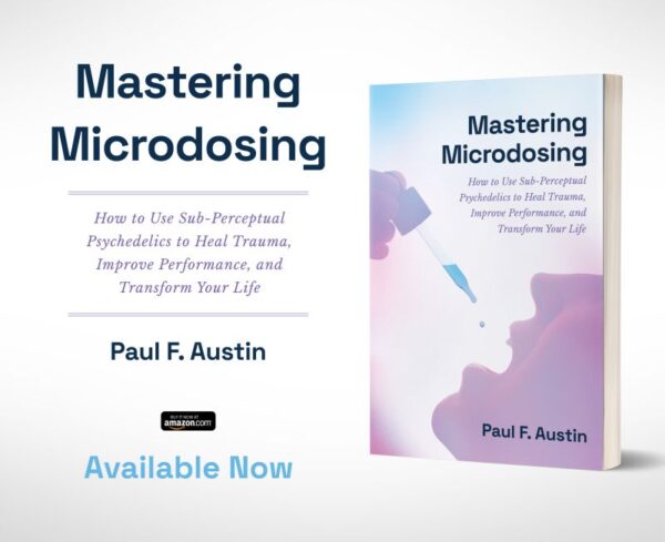 Cover of "Mastering Microdosing" book, featuring a clean, minimal design with bold text and subtle imagery representing the concept of microdosing psychedelics.