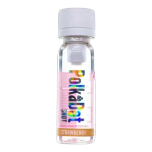"4g Polka Shots bottle – Strawberry flavor – a mushroom extract infused drink designed for wellness and focus."