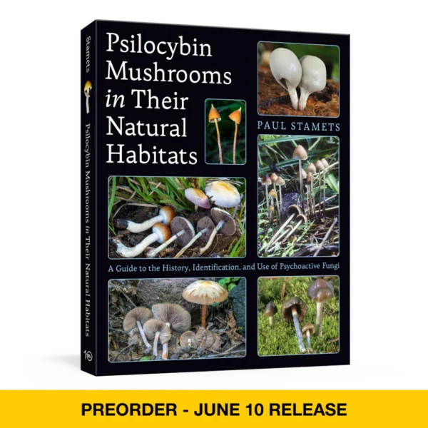 Cover of the book "Psilocybin Mushrooms in Their Natural Habitats" featuring wild psilocybin mushrooms growing in a forest, highlighting natural environments and species diversity.