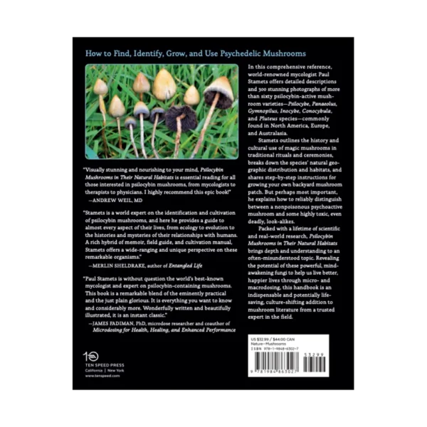 Cover of the book "Psilocybin Mushrooms in Their Natural Habitats" featuring wild psilocybin mushrooms growing in a forest, highlighting natural environments and species diversity.