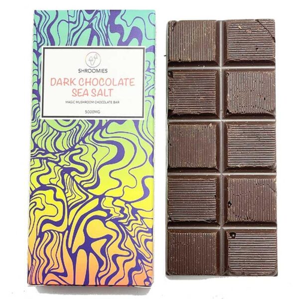 Shroomies Dark Chocolate Sea Salt 5000mg: A luxurious dark chocolate bar infused with 5000mg of psilocybin mushrooms, topped with a hint of sea salt for a rich, balanced flavor and a unique psychedelic experience