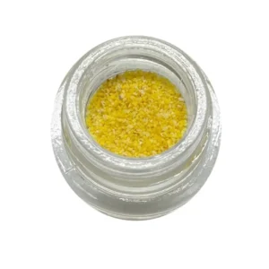 Glass vial of DMT powder next to sacred geometry symbols, representing a powerful psychedelic used for spiritual and consciousness-expanding experiences