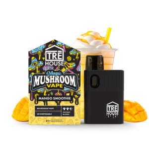 ChatGPT said: "Mango Smoothie Microdose Magic Mushroom Vape Pen with a sleek design, offering a tropical mango flavor and a subtle, refreshing mind boost from Psilocybe Cubensis extract."
