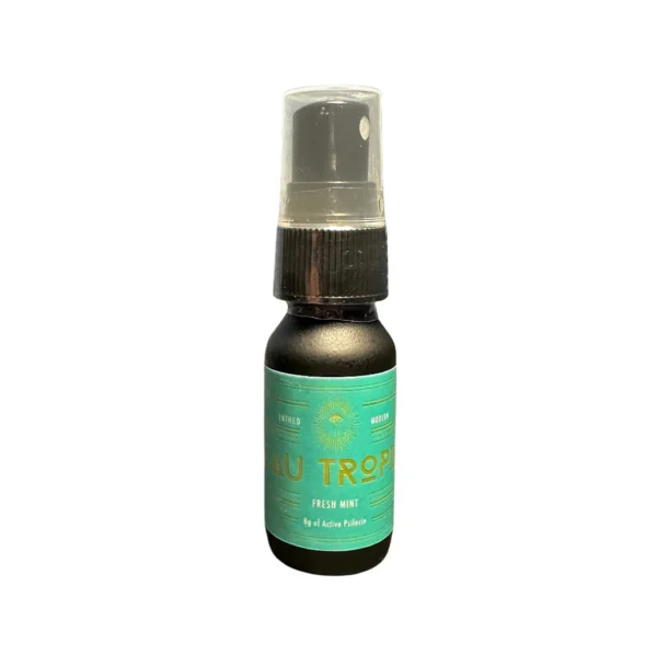 "Neau Tropics Microdose Breath Spray bottle with a sleek design, showcasing the product's compact and portable nature.